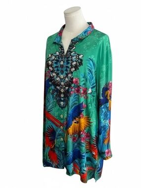 JOHN MARK Green Parrot Print Button Down Tunic Top Shirt Tropical 1X Resortwear